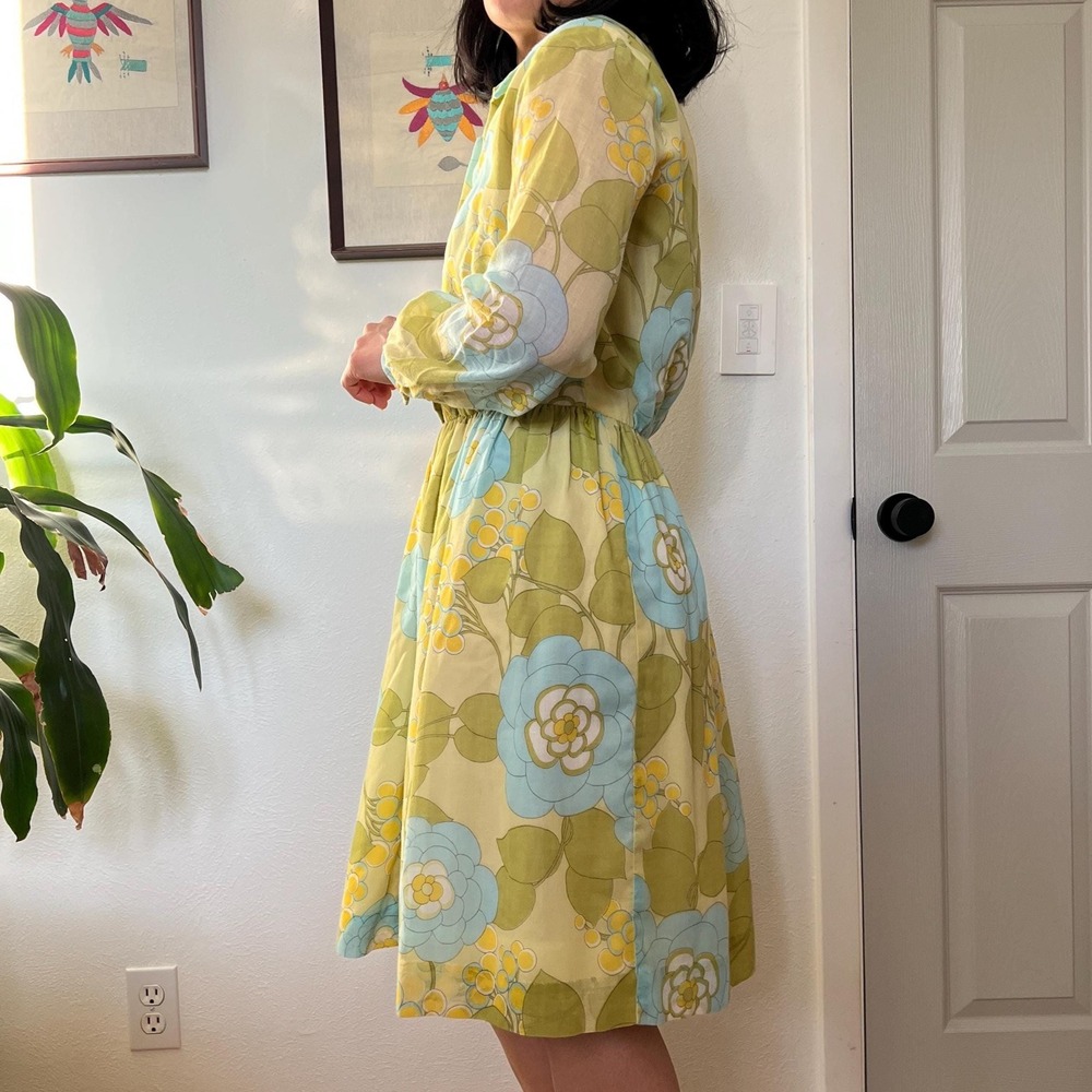 Vintage 60s Floral Dress Long Sleeve Blue Yellow Small Medium romantic Boho - Picture 5 of 12